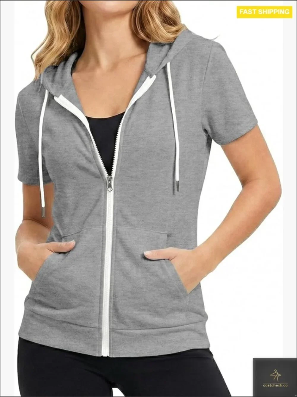 Slim Fit Zip Up Hoodie Short Sleeve Lightweight Full Zip Sweatshirt
